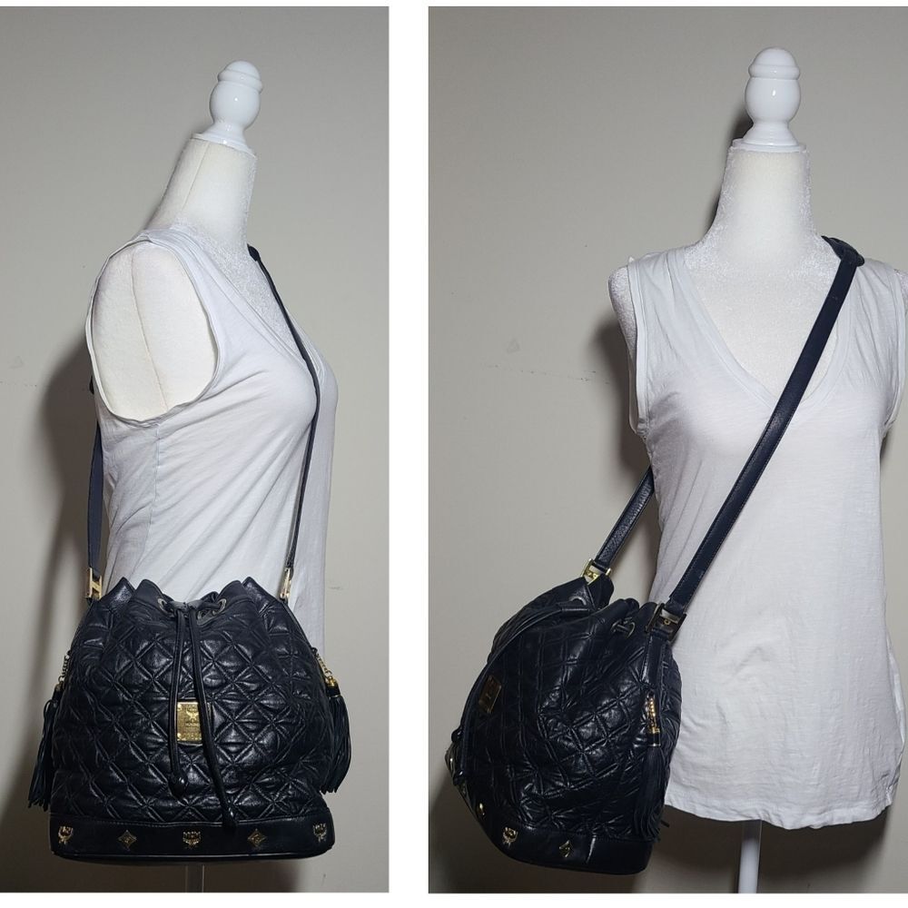 MCM|Vintage Black Leather Quilted Drawstring Bucket Bag